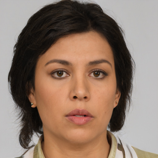 Neutral asian young-adult female with medium  brown hair and brown eyes