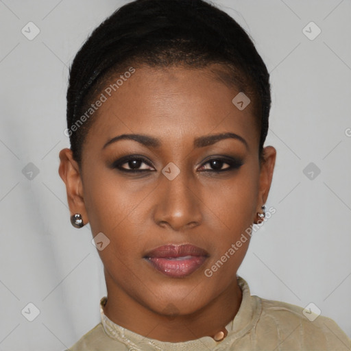 Neutral latino young-adult female with short  brown hair and brown eyes