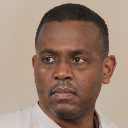 Neutral black adult male with short  black hair and brown eyes