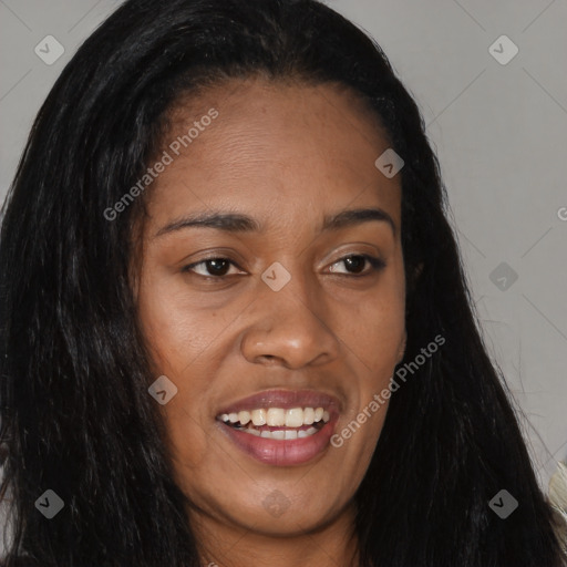 Joyful asian young-adult female with long  brown hair and brown eyes