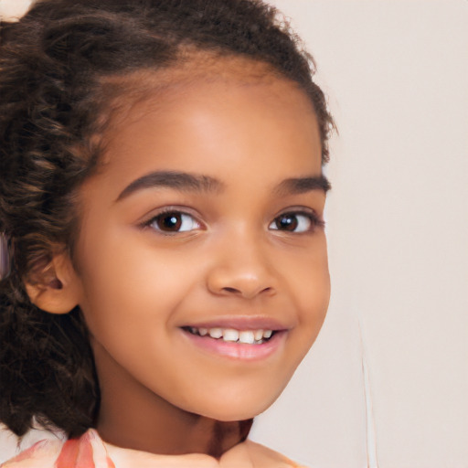 Joyful white child female with long  brown hair and brown eyes