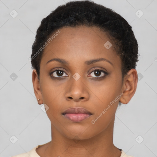 Neutral latino young-adult female with short  brown hair and brown eyes