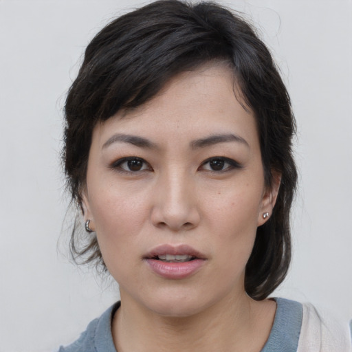 Neutral white young-adult female with medium  black hair and brown eyes