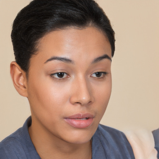 Neutral white young-adult female with short  brown hair and brown eyes