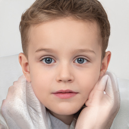 Neutral white child female with short  brown hair and blue eyes