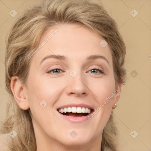 Joyful white young-adult female with medium  brown hair and green eyes