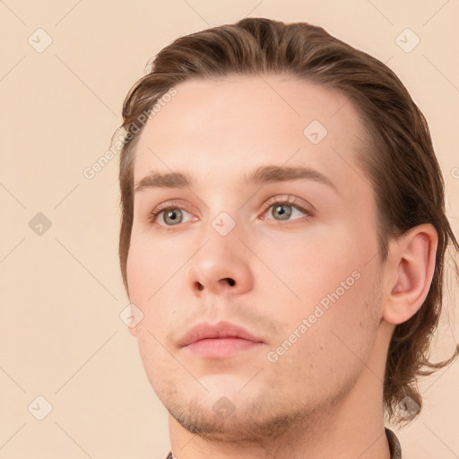 Neutral white young-adult male with short  brown hair and grey eyes