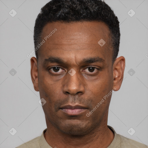 Neutral black adult male with short  black hair and brown eyes