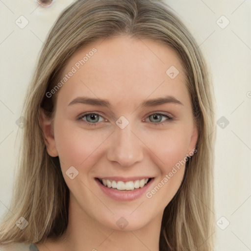 Joyful white young-adult female with long  brown hair and grey eyes