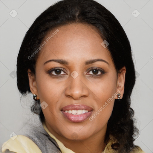 Joyful black young-adult female with medium  black hair and brown eyes