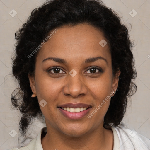 Joyful black young-adult female with medium  brown hair and brown eyes