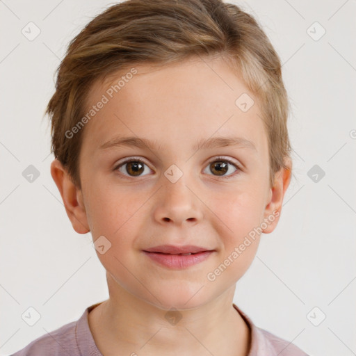 Joyful white child female with short  brown hair and brown eyes