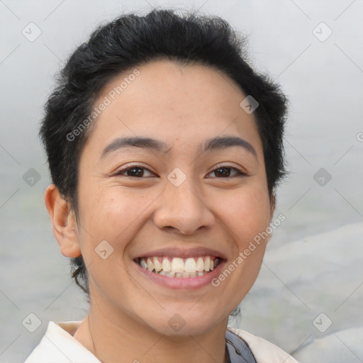 Joyful latino young-adult female with short  brown hair and brown eyes