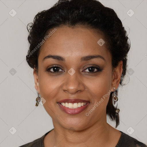 Joyful latino young-adult female with short  brown hair and brown eyes