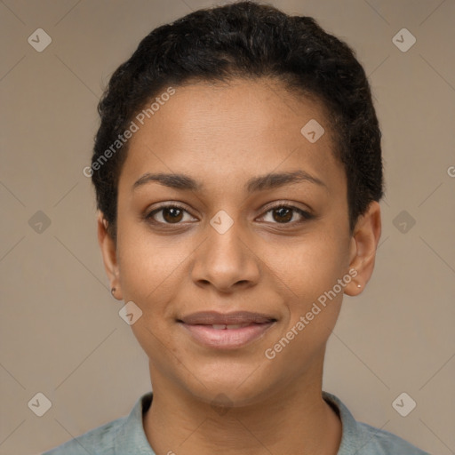 Joyful latino young-adult female with short  brown hair and brown eyes