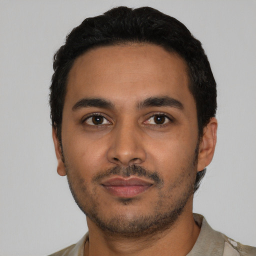 Neutral latino young-adult male with short  black hair and brown eyes