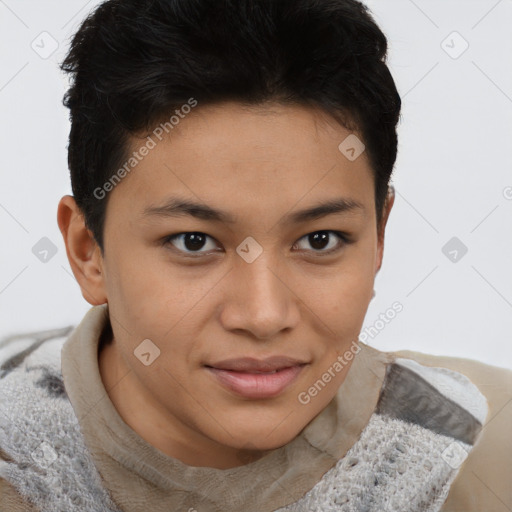 Joyful asian young-adult female with short  brown hair and brown eyes