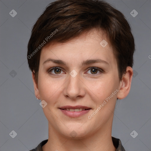 Joyful white young-adult female with short  brown hair and grey eyes