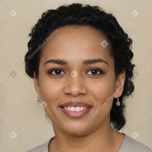 Joyful latino young-adult female with short  black hair and brown eyes