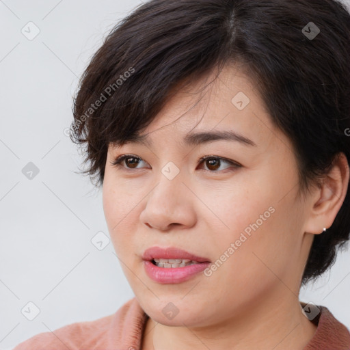 Joyful white young-adult female with medium  brown hair and brown eyes