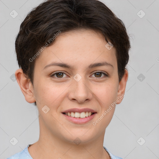 Joyful white young-adult female with short  brown hair and brown eyes