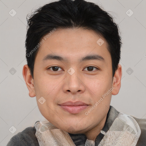 Joyful asian young-adult male with short  brown hair and brown eyes