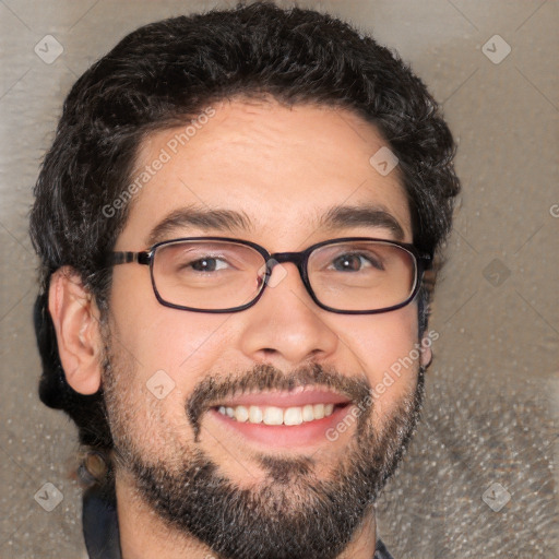 Joyful white adult male with short  black hair and brown eyes