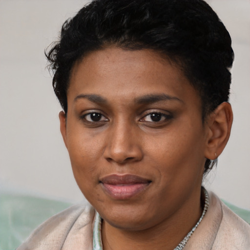 Joyful latino young-adult female with short  brown hair and brown eyes