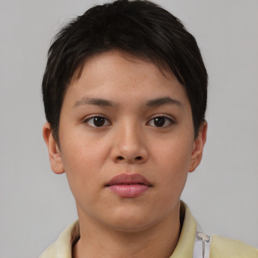 Neutral asian young-adult female with short  brown hair and brown eyes