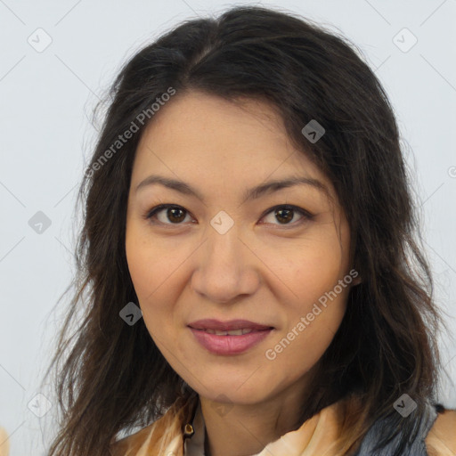 Joyful latino young-adult female with long  brown hair and brown eyes
