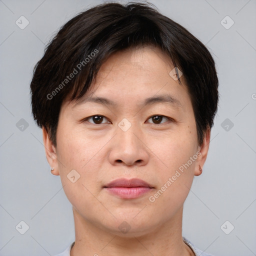 Neutral asian young-adult male with short  brown hair and brown eyes