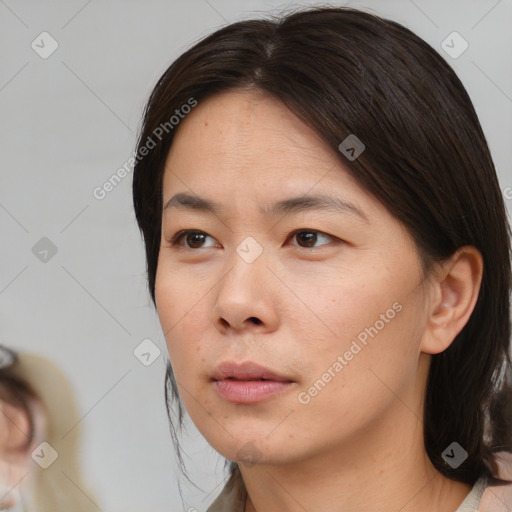 Neutral white young-adult female with medium  brown hair and brown eyes