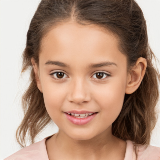 Joyful white child female with medium  brown hair and brown eyes