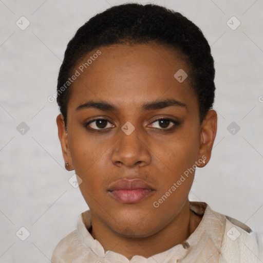 Neutral black young-adult female with short  black hair and brown eyes