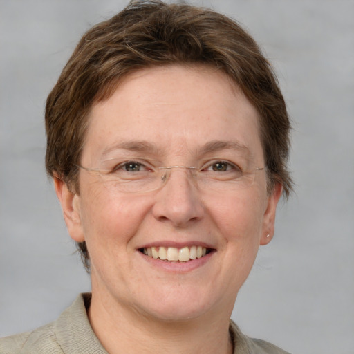 Joyful white adult female with short  brown hair and grey eyes