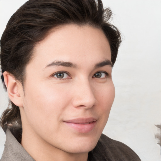 Joyful white young-adult male with medium  brown hair and brown eyes