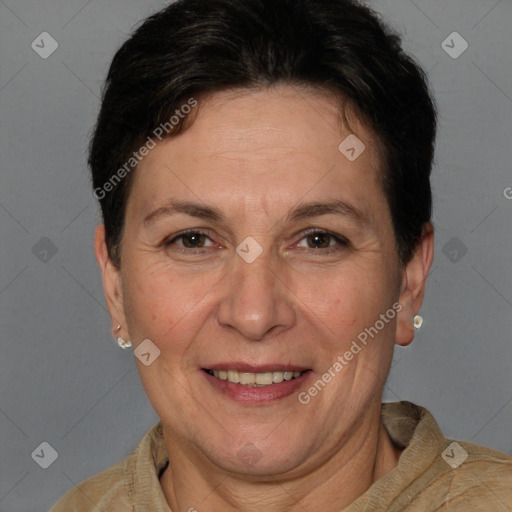 Joyful white adult female with short  brown hair and brown eyes