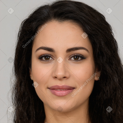 Joyful latino young-adult female with long  brown hair and brown eyes