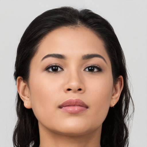 Neutral asian young-adult female with long  black hair and brown eyes