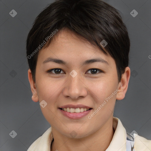 Joyful white young-adult female with short  brown hair and brown eyes