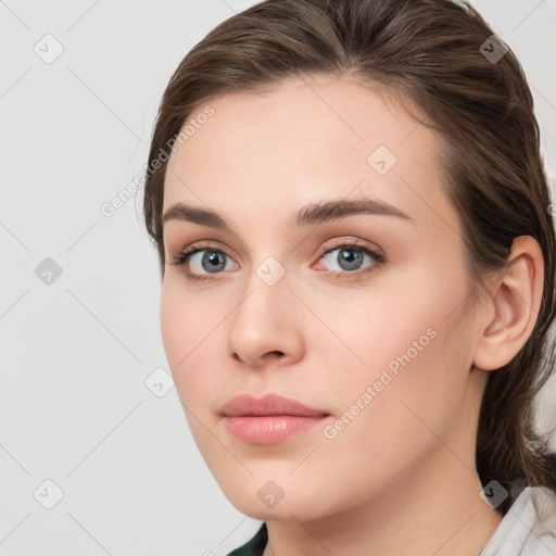 Neutral white young-adult female with medium  brown hair and brown eyes