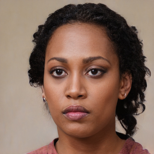 Neutral black young-adult female with medium  black hair and brown eyes