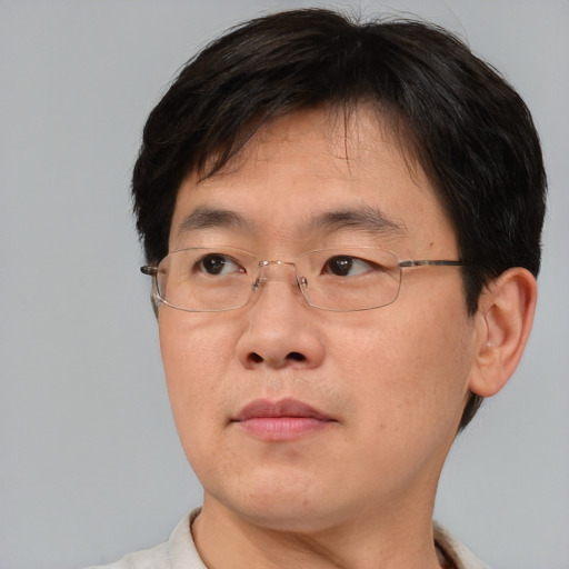 Joyful asian adult male with short  brown hair and brown eyes