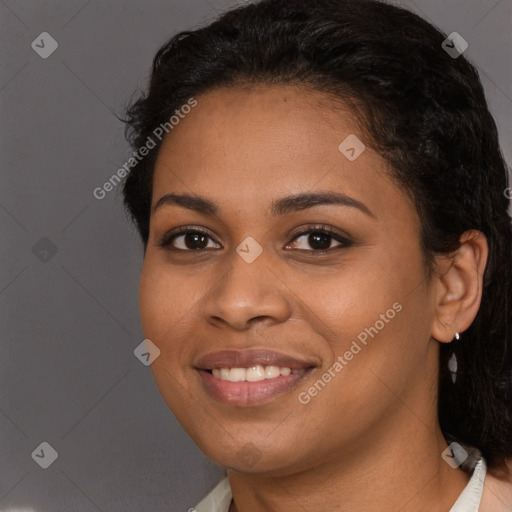 Joyful latino young-adult female with long  brown hair and brown eyes