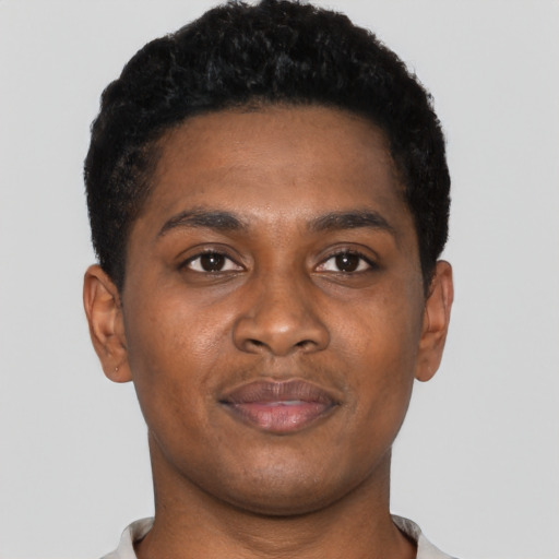 Neutral black young-adult male with short  black hair and brown eyes