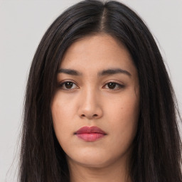 Neutral asian young-adult female with long  brown hair and brown eyes