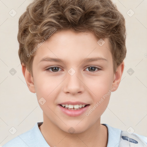 Joyful white child male with short  brown hair and brown eyes