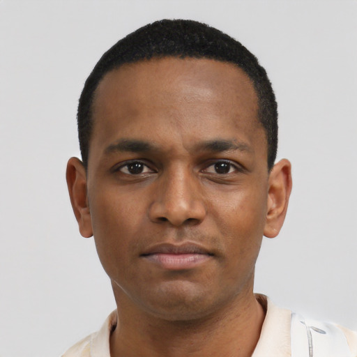 Neutral black young-adult male with short  black hair and brown eyes