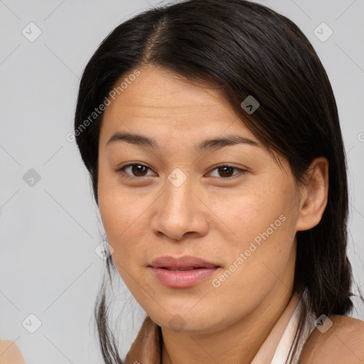 Joyful white adult female with medium  brown hair and brown eyes