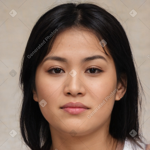 Neutral asian young-adult female with medium  black hair and brown eyes